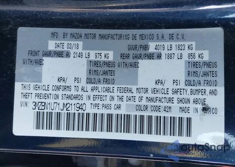 2018 Mazda Mazda3 Sport from USA, damaged, VIN 3MZBN1U71JM211940